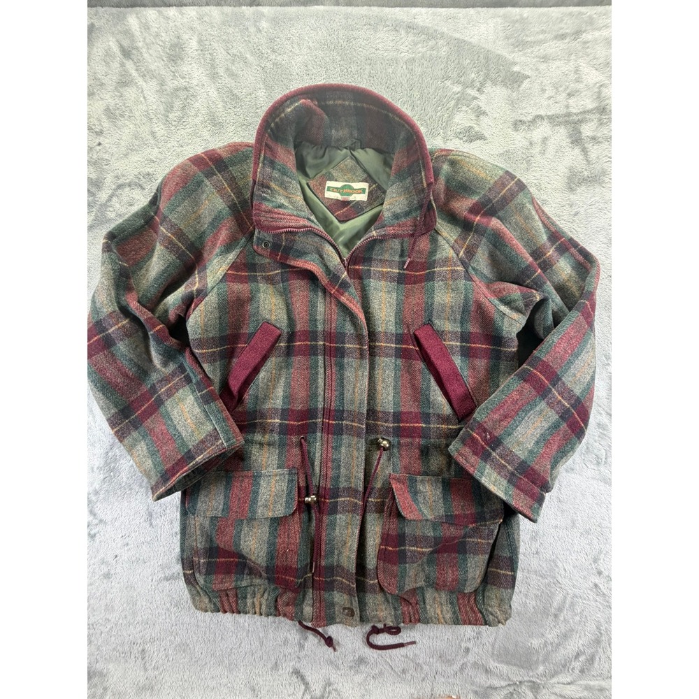Out Brook Vintage Plaid Wool Blend Jacket Medium Burgundy Green Funnel Neck
